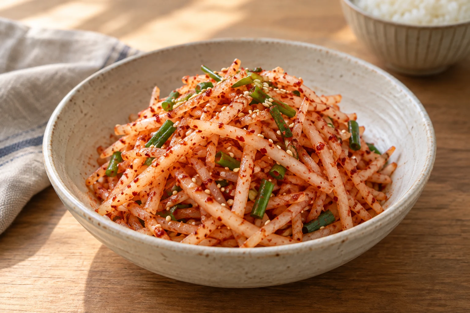 Fresh Korean radish matchstick salad lightly coated with coarse red gochugaru and finished with scallion and toasted sesame seeds